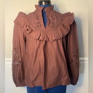 St. Roche Clair Top in Raisin Plum Brown Peasant Blouse long sleeve lace trim